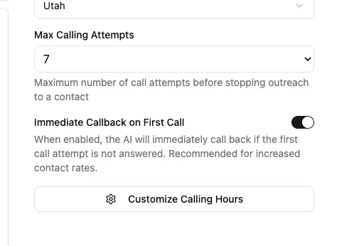 screenshot of max call attempts and immediate callback settings