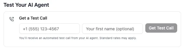 screenshot of the test call section